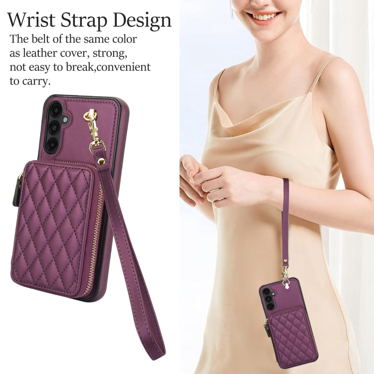 For Samsung Galaxy A14 4G / 5G AwQuer Crossbody Zipper Wallet Rhombic Leather Back Phone Case(Dark Purple)