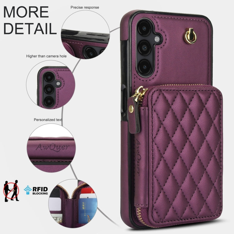 For Samsung Galaxy A14 4G / 5G AwQuer Crossbody Zipper Wallet Rhombic Leather Back Phone Case(Dark Purple)