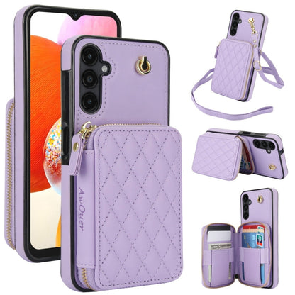 For Samsung Galaxy A14 4G / 5G AwQuer Crossbody Zipper Wallet Rhombic Leather Back Phone Case(Purple)