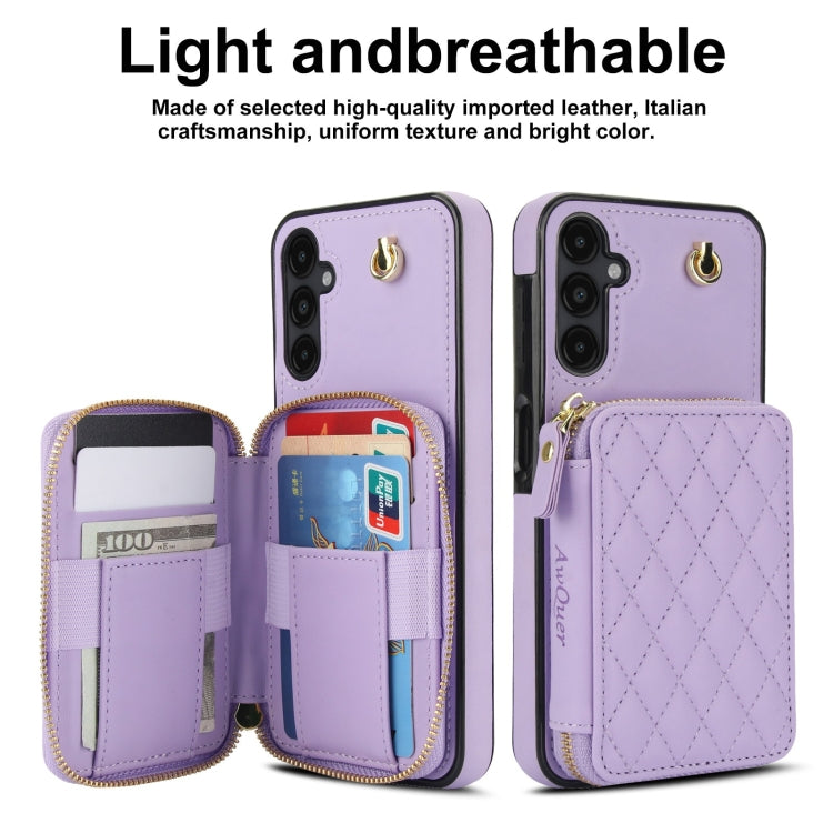 For Samsung Galaxy A14 4G / 5G AwQuer Crossbody Zipper Wallet Rhombic Leather Back Phone Case(Purple)