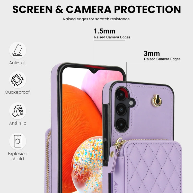 For Samsung Galaxy A14 4G / 5G AwQuer Crossbody Zipper Wallet Rhombic Leather Back Phone Case(Purple)