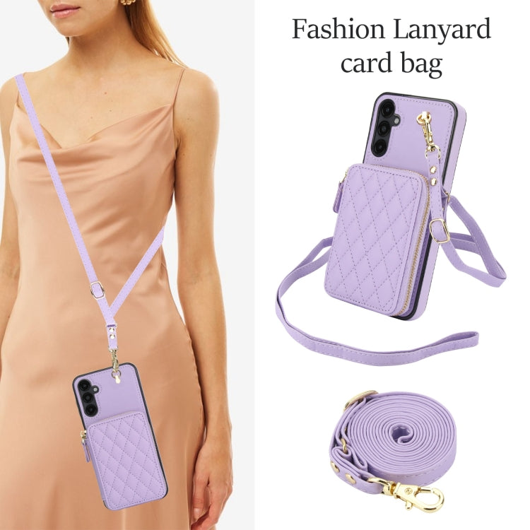 For Samsung Galaxy A14 4G / 5G AwQuer Crossbody Zipper Wallet Rhombic Leather Back Phone Case(Purple)