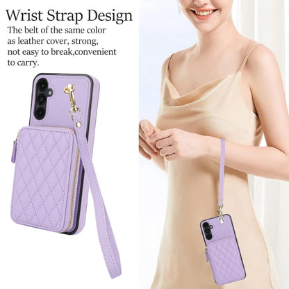 For Samsung Galaxy A14 4G / 5G AwQuer Crossbody Zipper Wallet Rhombic Leather Back Phone Case(Purple)