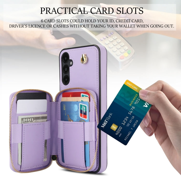 For Samsung Galaxy A14 4G / 5G AwQuer Crossbody Zipper Wallet Rhombic Leather Back Phone Case(Purple)