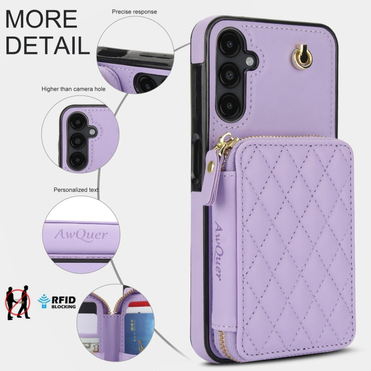 For Samsung Galaxy A14 4G / 5G AwQuer Crossbody Zipper Wallet Rhombic Leather Back Phone Case(Purple)