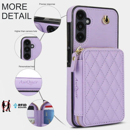For Samsung Galaxy A14 4G / 5G AwQuer Crossbody Zipper Wallet Rhombic Leather Back Phone Case(Purple)