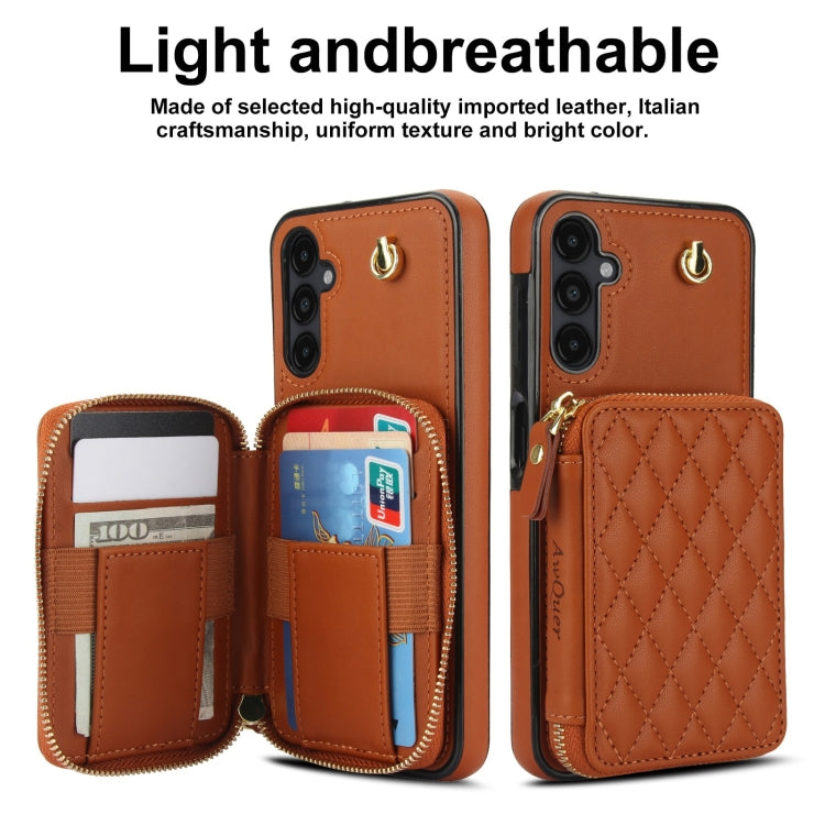 For Samsung Galaxy A14 4G / 5G AwQuer Crossbody Zipper Wallet Rhombic Leather Back Phone Case(Brown)