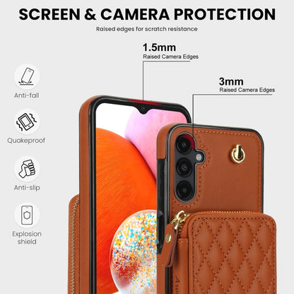 For Samsung Galaxy A14 4G / 5G AwQuer Crossbody Zipper Wallet Rhombic Leather Back Phone Case(Brown)