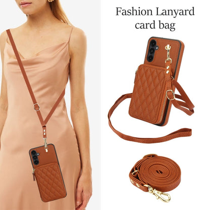For Samsung Galaxy A14 4G / 5G AwQuer Crossbody Zipper Wallet Rhombic Leather Back Phone Case(Brown)