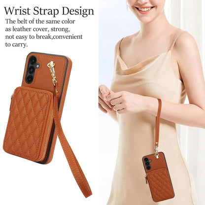 For Samsung Galaxy A14 4G / 5G AwQuer Crossbody Zipper Wallet Rhombic Leather Back Phone Case(Brown)
