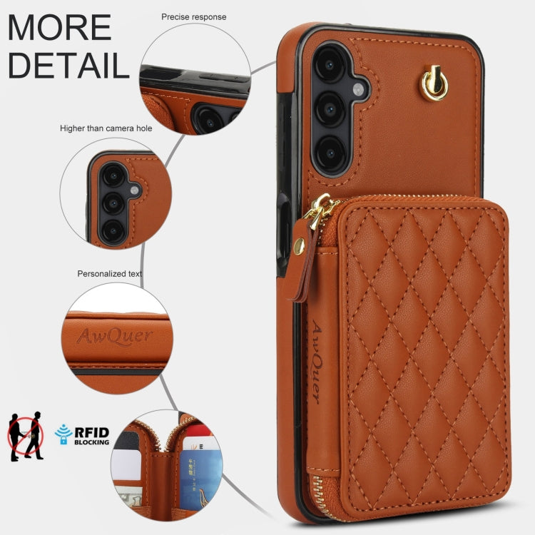 For Samsung Galaxy A14 4G / 5G AwQuer Crossbody Zipper Wallet Rhombic Leather Back Phone Case(Brown)