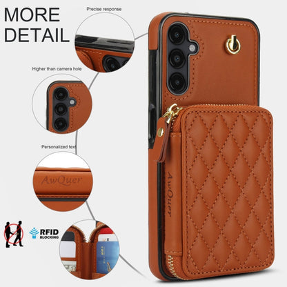 For Samsung Galaxy A14 4G / 5G AwQuer Crossbody Zipper Wallet Rhombic Leather Back Phone Case(Brown)