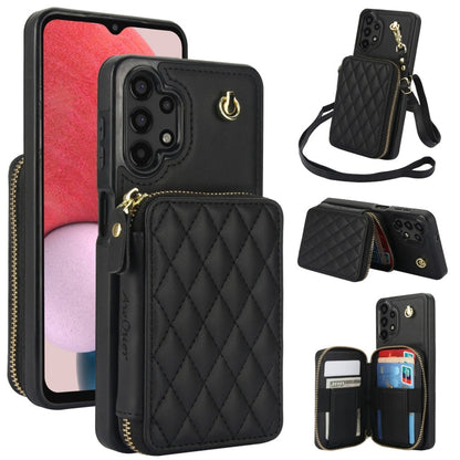 For Samsung Galaxy A13 4G / 5G AwQuer Crossbody Zipper Wallet Rhombic Leather Back Phone Case(Black)