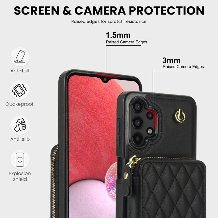 For Samsung Galaxy A13 4G / 5G AwQuer Crossbody Zipper Wallet Rhombic Leather Back Phone Case(Black)