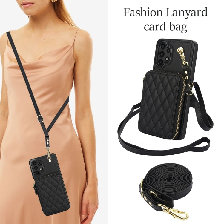 For Samsung Galaxy A13 4G / 5G AwQuer Crossbody Zipper Wallet Rhombic Leather Back Phone Case(Black)