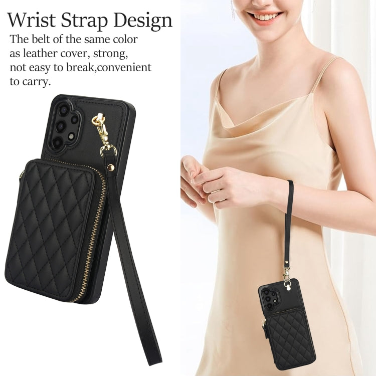 For Samsung Galaxy A13 4G / 5G AwQuer Crossbody Zipper Wallet Rhombic Leather Back Phone Case(Black)