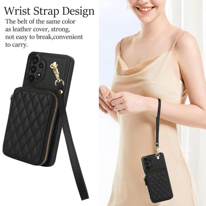 For Samsung Galaxy A13 4G / 5G AwQuer Crossbody Zipper Wallet Rhombic Leather Back Phone Case(Black)
