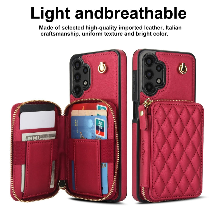 For Samsung Galaxy A13 4G / 5G AwQuer Crossbody Zipper Wallet Rhombic Leather Back Phone Case(Red)