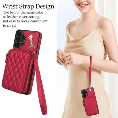 For Samsung Galaxy A13 4G / 5G AwQuer Crossbody Zipper Wallet Rhombic Leather Back Phone Case(Red)