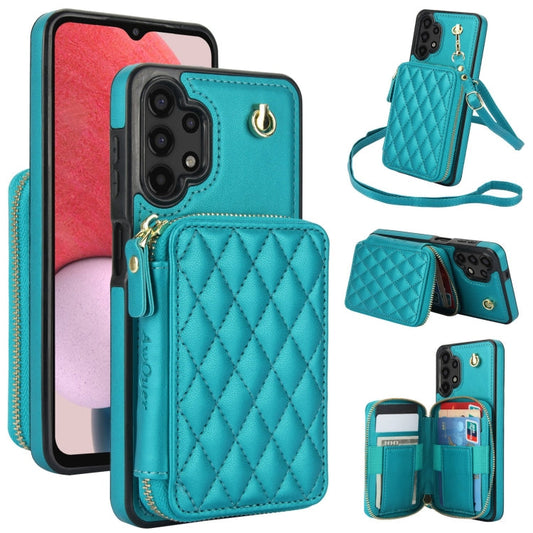 For Samsung Galaxy A13 4G / 5G AwQuer Crossbody Zipper Wallet Rhombic Leather Back Phone Case(Green)