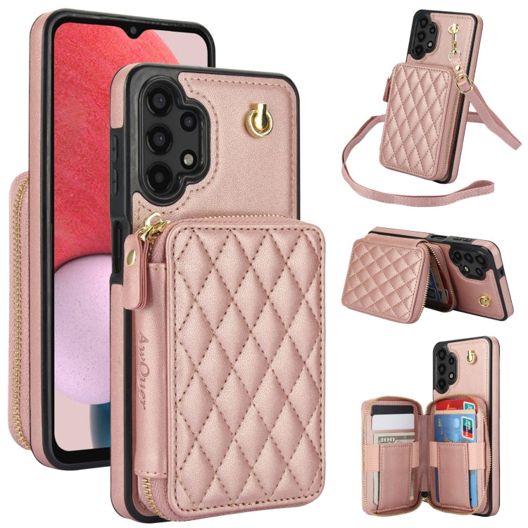 For Samsung Galaxy A13 4G / 5G AwQuer Crossbody Zipper Wallet Rhombic Leather Back Phone Case(Rose Gold)