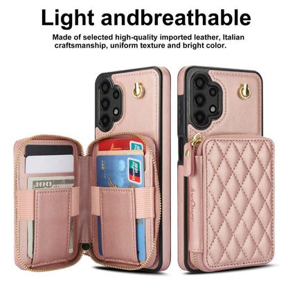 For Samsung Galaxy A13 4G / 5G AwQuer Crossbody Zipper Wallet Rhombic Leather Back Phone Case(Rose Gold)