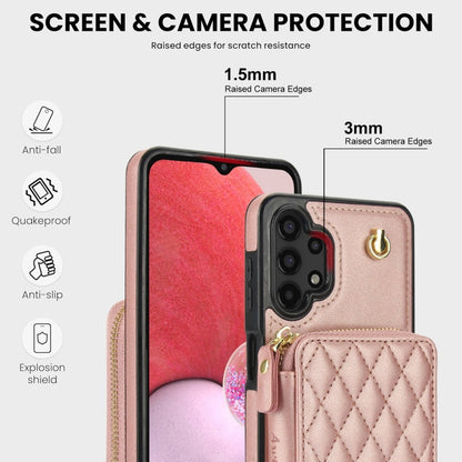 For Samsung Galaxy A13 4G / 5G AwQuer Crossbody Zipper Wallet Rhombic Leather Back Phone Case(Rose Gold)