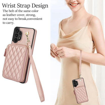 For Samsung Galaxy A13 4G / 5G AwQuer Crossbody Zipper Wallet Rhombic Leather Back Phone Case(Rose Gold)