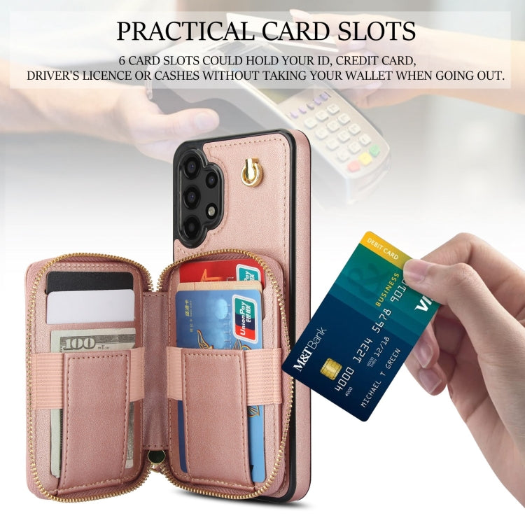 For Samsung Galaxy A13 4G / 5G AwQuer Crossbody Zipper Wallet Rhombic Leather Back Phone Case(Rose Gold)
