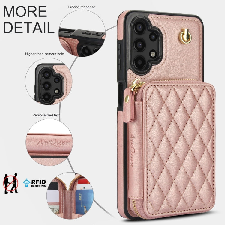For Samsung Galaxy A13 4G / 5G AwQuer Crossbody Zipper Wallet Rhombic Leather Back Phone Case(Rose Gold)