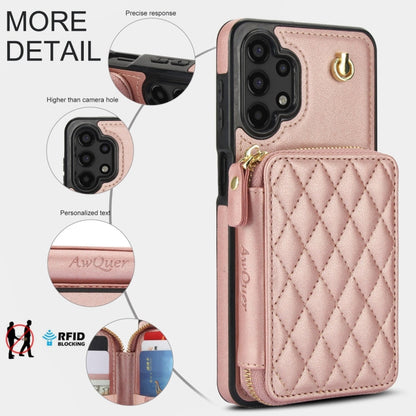 For Samsung Galaxy A13 4G / 5G AwQuer Crossbody Zipper Wallet Rhombic Leather Back Phone Case(Rose Gold)