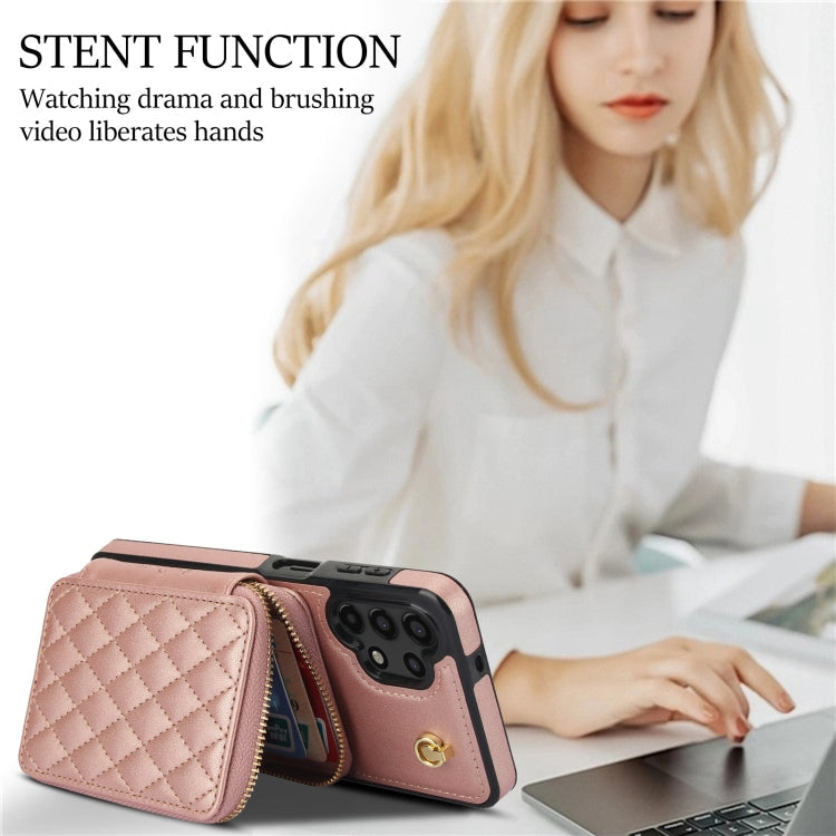 For Samsung Galaxy A13 4G / 5G AwQuer Crossbody Zipper Wallet Rhombic Leather Back Phone Case(Rose Gold)