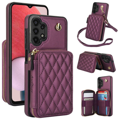 For Samsung Galaxy A13 4G / 5G AwQuer Crossbody Zipper Wallet Rhombic Leather Back Phone Case(Dark Purple)