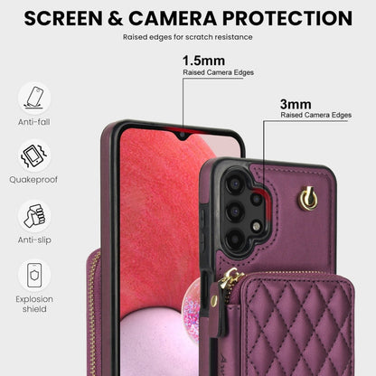 For Samsung Galaxy A13 4G / 5G AwQuer Crossbody Zipper Wallet Rhombic Leather Back Phone Case(Dark Purple)