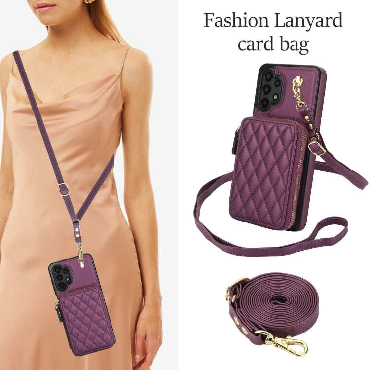 For Samsung Galaxy A13 4G / 5G AwQuer Crossbody Zipper Wallet Rhombic Leather Back Phone Case(Dark Purple)