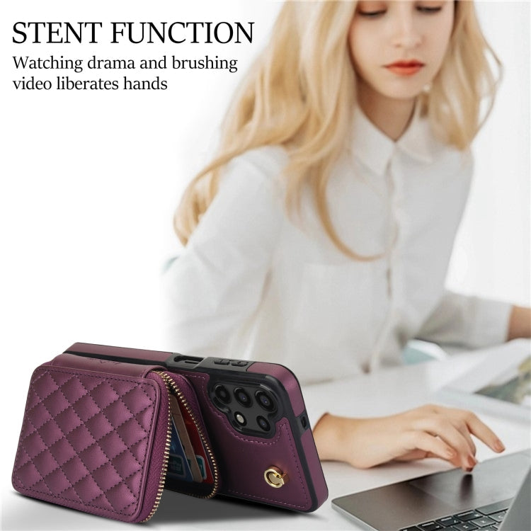 For Samsung Galaxy A13 4G / 5G AwQuer Crossbody Zipper Wallet Rhombic Leather Back Phone Case(Dark Purple)