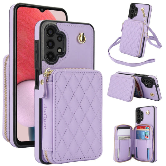 For Samsung Galaxy A13 4G / 5G AwQuer Crossbody Zipper Wallet Rhombic Leather Back Phone Case(Purple)
