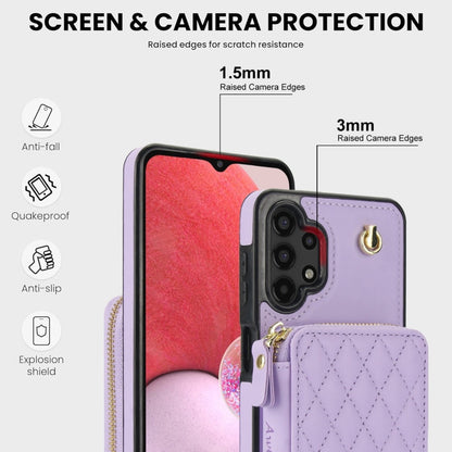 For Samsung Galaxy A13 4G / 5G AwQuer Crossbody Zipper Wallet Rhombic Leather Back Phone Case(Purple)