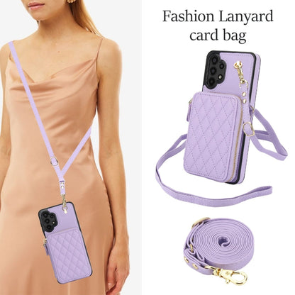 For Samsung Galaxy A13 4G / 5G AwQuer Crossbody Zipper Wallet Rhombic Leather Back Phone Case(Purple)