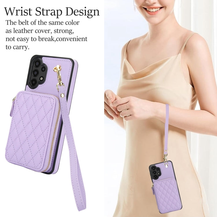 For Samsung Galaxy A13 4G / 5G AwQuer Crossbody Zipper Wallet Rhombic Leather Back Phone Case(Purple)