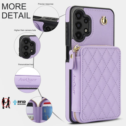 For Samsung Galaxy A13 4G / 5G AwQuer Crossbody Zipper Wallet Rhombic Leather Back Phone Case(Purple)