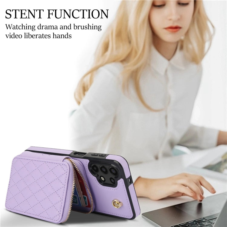For Samsung Galaxy A13 4G / 5G AwQuer Crossbody Zipper Wallet Rhombic Leather Back Phone Case(Purple)