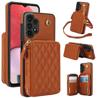 For Samsung Galaxy A13 4G / 5G AwQuer Crossbody Zipper Wallet Rhombic Leather Back Phone Case(Brown)