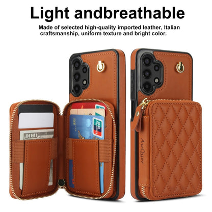For Samsung Galaxy A13 4G / 5G AwQuer Crossbody Zipper Wallet Rhombic Leather Back Phone Case(Brown)