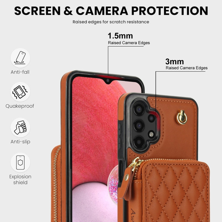 For Samsung Galaxy A13 4G / 5G AwQuer Crossbody Zipper Wallet Rhombic Leather Back Phone Case(Brown)