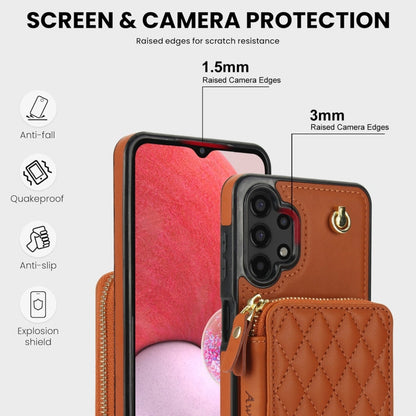 For Samsung Galaxy A13 4G / 5G AwQuer Crossbody Zipper Wallet Rhombic Leather Back Phone Case(Brown)