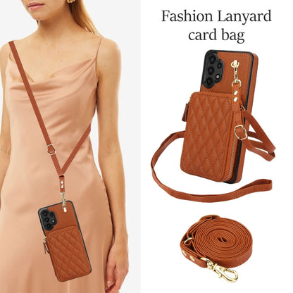 For Samsung Galaxy A13 4G / 5G AwQuer Crossbody Zipper Wallet Rhombic Leather Back Phone Case(Brown)
