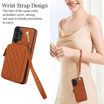 For Samsung Galaxy A13 4G / 5G AwQuer Crossbody Zipper Wallet Rhombic Leather Back Phone Case(Brown)