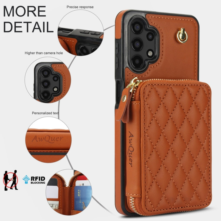 For Samsung Galaxy A13 4G / 5G AwQuer Crossbody Zipper Wallet Rhombic Leather Back Phone Case(Brown)