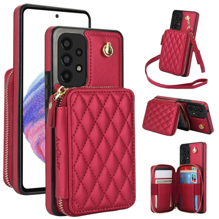 For Samsung Galaxy A53 4G / 5G AwQuer Crossbody Zipper Wallet Rhombic Leather Back Phone Case(Red)